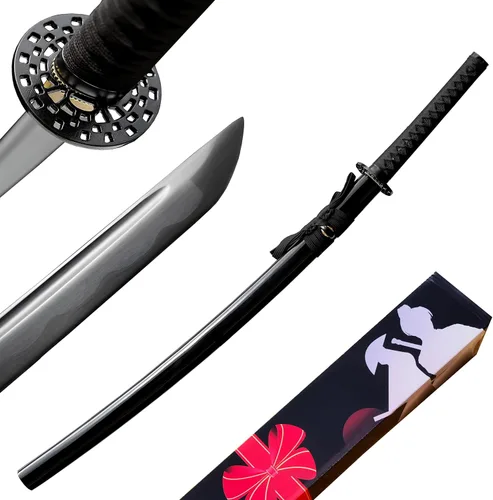 Vista 7 de Yu Qin - Espada samurai pura hecha a mano, acero de resorte 9260, 41.31.21 pulgadas, juego de espada completa, afilada, katana negra