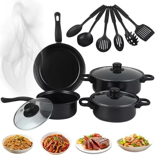 Juego de ollas y sartenes antiadherentes, juego de utensilios de cocina de 13 piezas con sartenes, tapas de cacerola, espátula de cuchara y