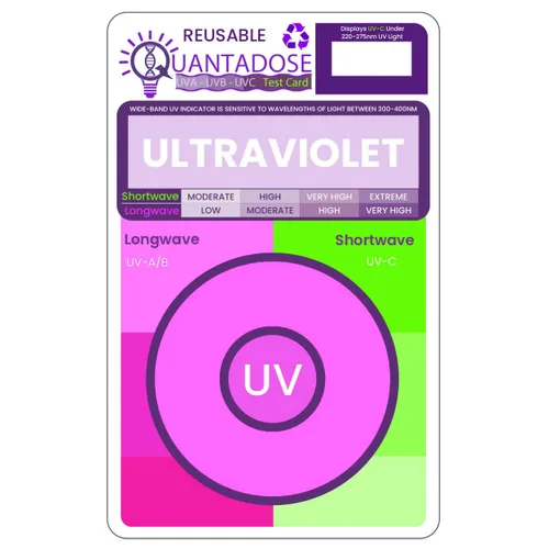 Vista 2 de 6 en 1 QUANTADOSE® Multi-longitud de onda bi-luminiscente UVA/UVB/UVC/Far-UVC luz reutilizable profesional UV tarjeta de prueba