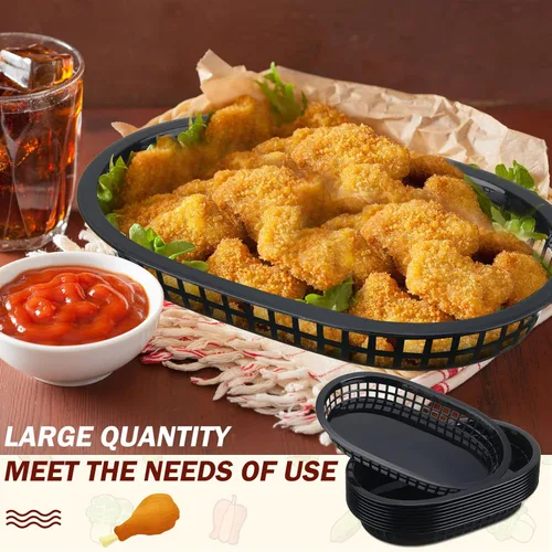 Vista 4 de Potchen 60 cestas de comida rápida para servir 10.5 x 7 pulgadas, cesta de plástico ovalada retro, bandeja de servicio de alimentos para Negro