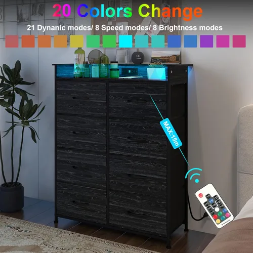Vista 3 de Cómoda de tela para dormitorio con luz LED y estación de carga, cómoda alta con 8 cajones, cómoda negra y cómoda para armario, sala de estar