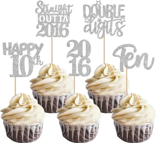 Vista 77 de 30 piezas negras para cupcakes de 10.º cumpleaños con purpurina Ten Happy 10 Straight Outta 2016 para saludos a 10 años 10 cumpleaños, boda Negro
