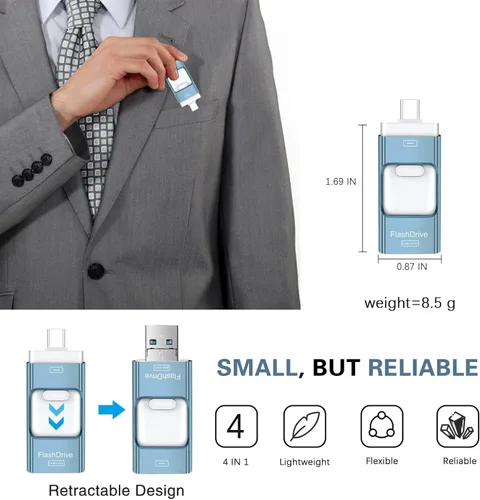 Vista 8 de Thumb Drive para iPhone 128 GB, 4 en 1 USB tipo C, memoria USB tipo C, almacenamiento externo Falsh Drive para iPhone, iPad, computadora Android