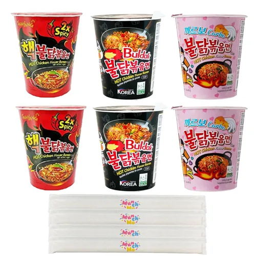 Samyang Korean Buldak Ramen Cup Stir Fried - Juego de 3 sabores variados, 6 unidades, 2.47 onzas cada uno, 2 unidades por sabor, original, 2