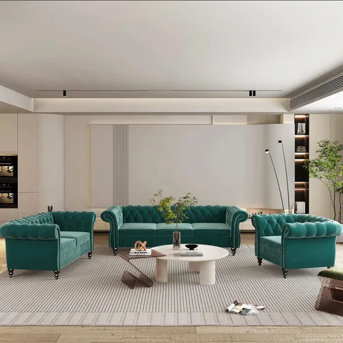 Vista 34 de Juego de 2 piezas para sala de estar, sofá Chesterfield de cuero con reposabrazos enrollados y tachuelas para sala de estar, oficina (negro)