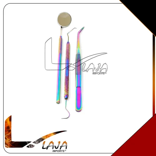 Vista 5 de Juego de higiene dental – 3 piezas de instrumentos dentales básicos de acero inoxidable Dental Rainbow Dental Diente espejo bucal/alicates
