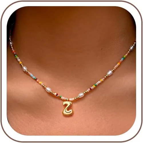 Vista 46 de Ritach - Regalos de Navidad para nietas, adolescentes y niñas, collar con inicial de perlas de colores claros, collar con dije de burbuja dorada