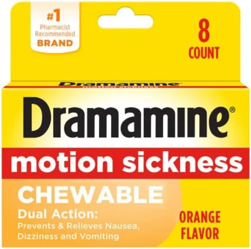 Vista 2 de Dramamine Fórmula masticable para aliviar el mareo por movimiento, naranja, 8 unidades, paquete de 3