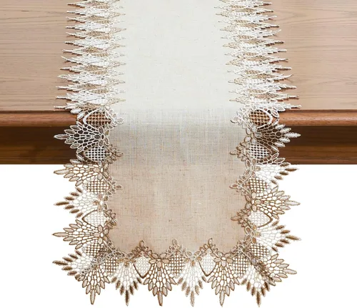 Vista 7 de Camino de mesa de lino de encaje rojo oscuro blanco de 36 pulgadas de largo, bufanda de aparador claret, decoración de mesa para Navidad, cocina