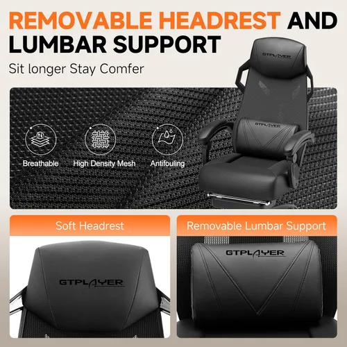 Vista 8 de GTPLAYER Silla de computadora con reposapiés ajustable, silla ergonómica para juegos con reposacabezas y soporte lumbar, silla de oficina de malla