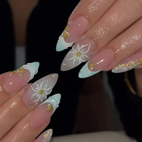 Vista 12 de Uñas postizas a presión, uñas postizas medianas con diseño de almendra, 24 A-1