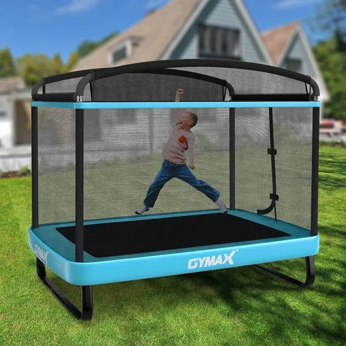 Vista 8 de GYMAX Trampolín para niños de 6 pies con columpio, cama elástica rectangular recreativa aprobada por ASTM con red de seguridad, para interiores