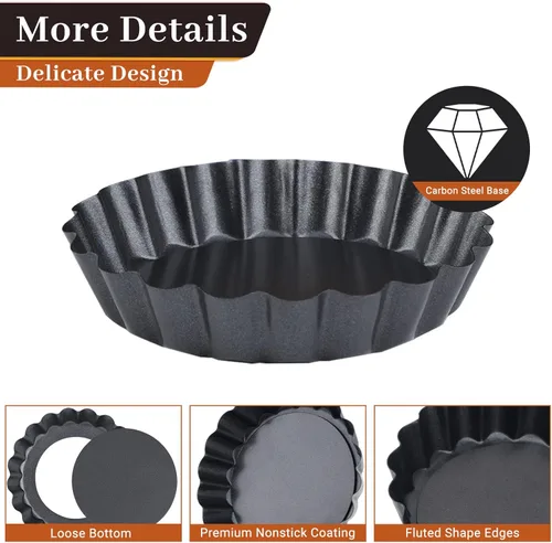 Vista 3 de Suice 12 mini sartenes para tartas, 4 pulgadas, negro, antiadherente, parte inferior extraíble, acero al carbono