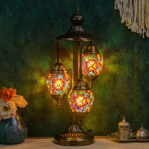 Vista 9 de Marrakech Lámpara turca de mesa marroquí de 3 globos con base de bronce, 23 pulgadas de alto hecha a mano azul Tiffany mosaico de vidrio de noche