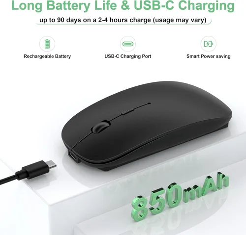 Vista 5 de Mouse inalámbrico para laptop/MacBook Air/Pro y iPad, mouse modo Jiggler Bluetooth 5.2/2.4G recargable silencioso clic 3 niveles DPI delgado Negro