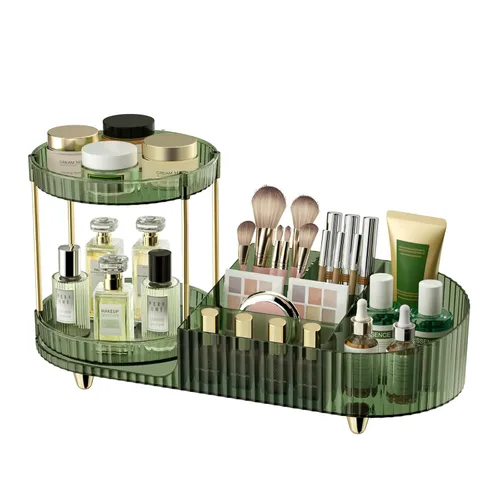 Vista 8 de Rotating Makeup Organizer for Vanity, 2 Perfume Trays with 5 Compartments Cosmetic & Skincare Storage, Space Saving Beauty Organizers, Multi-Purpose