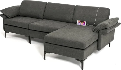 Vista 138 de Giantex Sofá modular de 3 asientos, 100.5 pulgadas de largo convertible con puerto USB y tomacorriente, cojín para reposabrazos, sofá modular