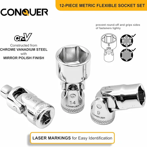 Vista 2 de CONQUER Juego de 12 llaves de vaso métricas flexibles de 1/4 pulgadas, 6 tomas de punto construidas con acero al cromo vanadio tratado térmicamente