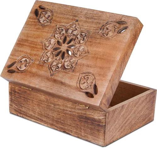 Mela Artisans Caja de recuerdo de madera | Memoria de madera de mango quemado | Caja de almacenamiento de fotos con tapa con bisagras | Caja de