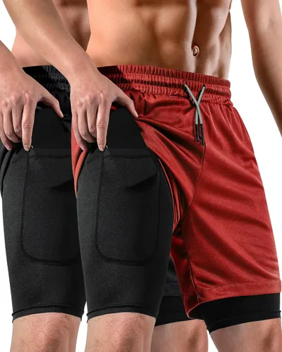 FIONECA 2 in 1 Mens Shorts Casual 2 Pack, Running Gym Shorts for Men 7 Inch, Workout Shorts Men with Pockets &Towel Loop