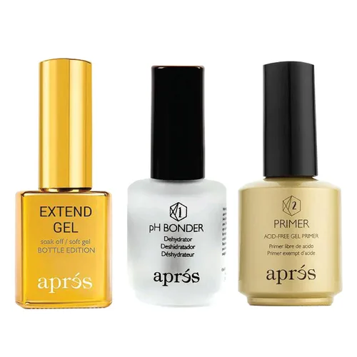 APRÉS Gel-X - Kit profesional de uñas – Botella de oro pH Bonder, base sin ácidos y fórmula de gel suave extendida (0.5 fl oz cada uno)