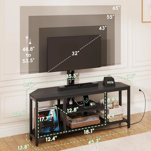 Vista 6 de Soporte de TV esquinero con soporte LED, soporte universal para TV de 32 a 65 pulgadas, consola giratoria de altura ajustable, centro