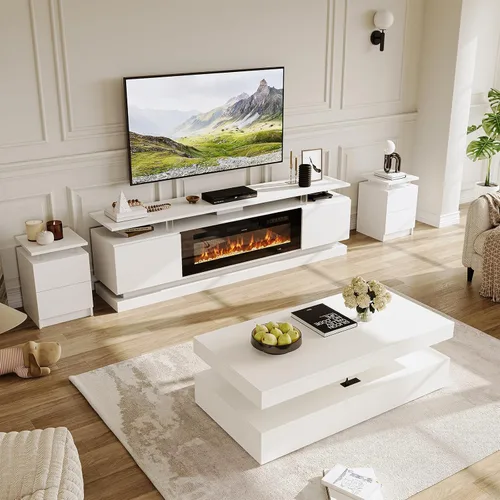 Vista 16 de Juego de Mesa Moderna de 4 Piezas para Sala de Estar, Incluye Soporte de TV para Chimenea de Alto Brillo de 70", Mesa de Centro LED y Juego de 2