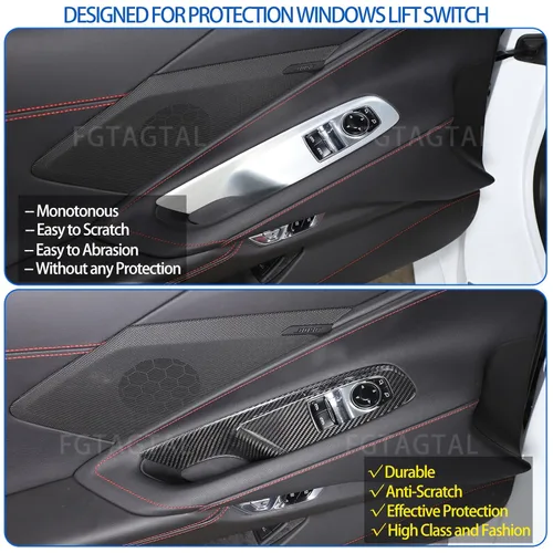 Vista 3 de Cubierta de interruptor de elevación de ventana de fibra de carbono real compatible con Chevrolet Corvette C8 2020-2026, panel de interruptor