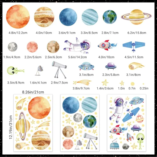 Vista 6 de Calcomanías de pared del sistema solar de acuarela, estrellas que brillan en la oscuridad, pegatinas de planetas para niños para el techo