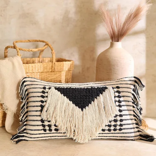 Funda de almohada decorativa bohemia chic tejida a mano de algodón con mechones, almohadas decorativas neutras para sillón, sofá o cama, decoración de COZYDEKO