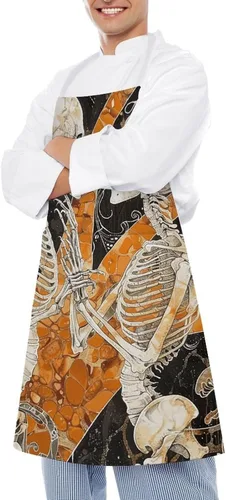 Vista 4 de MUSM Apron for Adults - 27.6 X 31.5 Inch, Heavy-Duty Polyester Aprons with Two Large Pockets, Waterproof Two Dancing Skeletons Kitchen Apron for