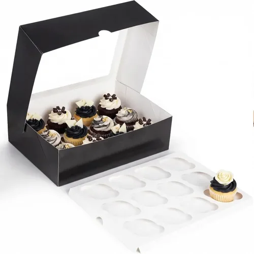 VGOODALL 12 cajas para cupcakes, 6 soportes para cupcakes de Halloween con ventana, cajas de pastelería negras para cumpleaños, vacaciones,