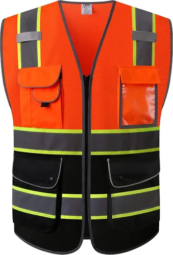Vista 32 de JKSafety Chaleco de seguridad frontal con cremallera de alta visibilidad Clase 2 de 9 bolsillos con tiras reflectantes, cumple con las normas