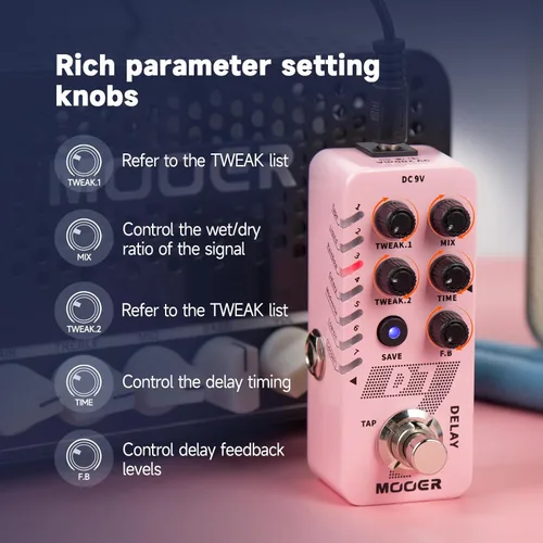 Vista 4 de MOOER Pedal de guitarra D7 Delay con 6 cintas de retardo diferentes y grabación Looper de 150s, función ajustable múltiple, tempo de toque Surpport
