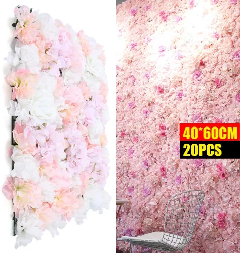 Vista 2 de LOYALHEARTDY Paquete de 20 paneles de pared de flores artificiales de 24 x 16 pulgadas, paneles de fondo de flores artificiales de hortensias