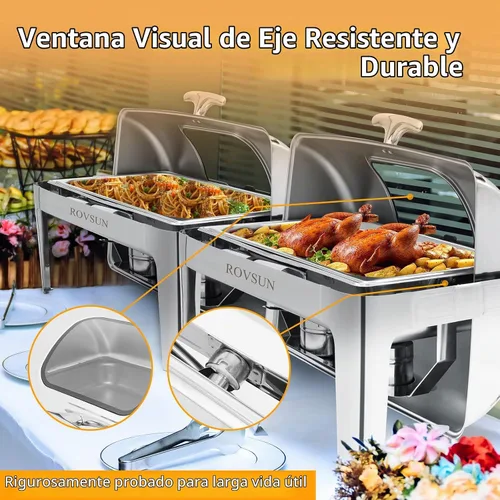 Vista 5 de ROVSUN - Juego de 3 platos de bufé con tapa enrollable, 9 cuartos de galón de acero inoxidable rectangular para catering, servidores de bufé