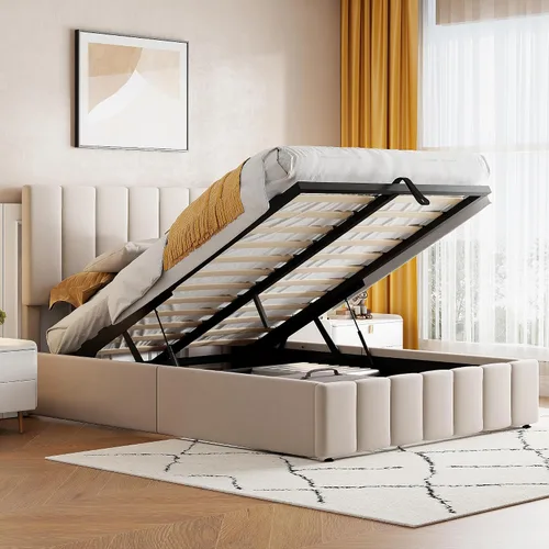Bellemave Cama de plataforma tapizada Queen con elevación de gas, marco de cama tamaño Queen con almacenamiento debajo y cabecera tapizada, cama