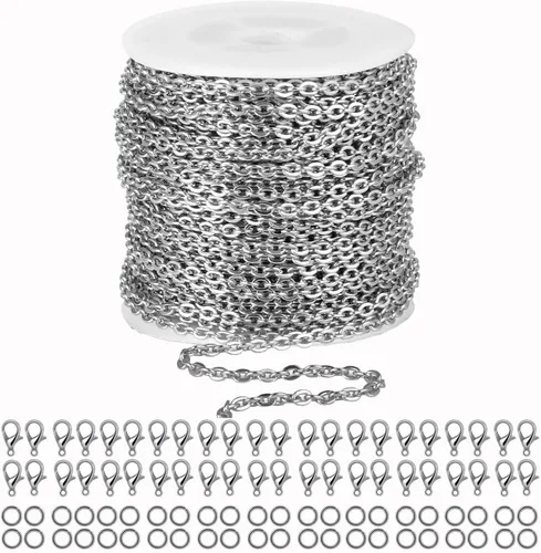 Cadena de eslabones de cable de 16.76 m YZDTECH para hacer joyería, cadena de acero inoxidable en forma de O con 100 piezas de anillos de salto y
