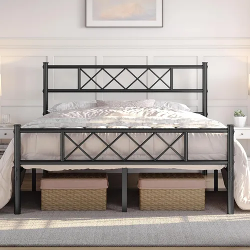 Vista 11 de Yaheetech Marco de cama de plataforma metálica tamaño twin con cabecero y pie de cama simples, base de colchón para almacenamiento debajo