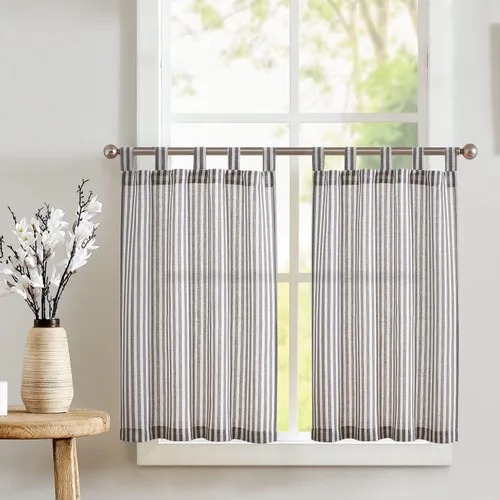 Vista 74 de jinchan - Cortinas de lino a rayas para cocina de 20 pulgadas de largo, cortinas de varios niveles, estilo granja moderna de café, tratamientos