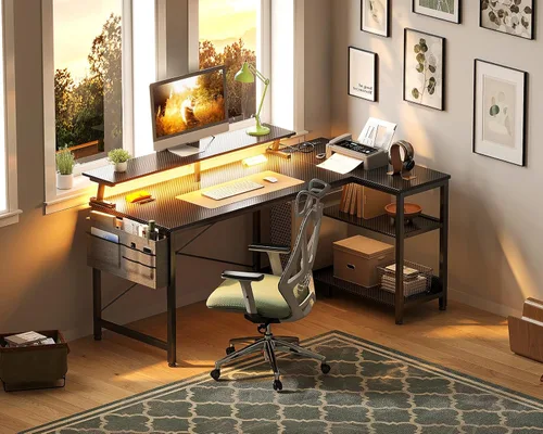 Vista 23 de ODK Escritorio para juegos de 40 pulgadas con tomas de alimentación USB y luces LED, escritorio reversible en forma de L con estantes de Superficie