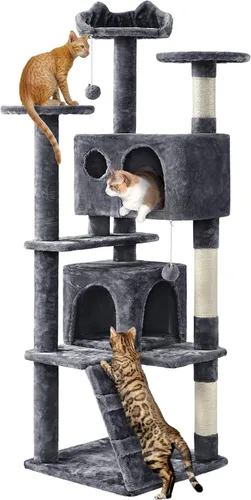 Vista 12 de Yaheetech Torre de árbol para gatos de 54 pulgadas, árbol de varios niveles para gatos de interior con postes rascadores, bolas colgantes, casa