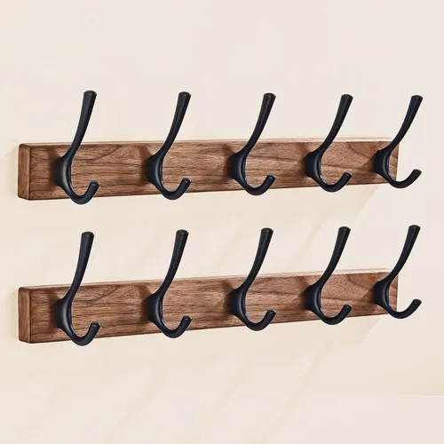 Vista 22 de Perchero de pared pequeño de madera de nogal de 17.3 pulgadas con 4 ganchos, colgador de chaquetas de madera resistente montado en puerta