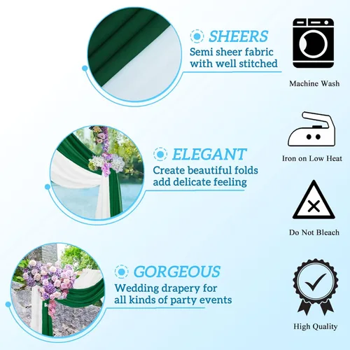Vista 5 de Cortina de tela de gasa para boda, 20 pies, 2 paneles, cortinas de fondo transparentes, arcos de boda verdes para ceremonia, decoración de arco