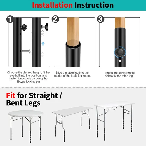 Vista 8 de Paquete de 8 elevadores de mesa plegables para mesas plegables, patas rectas/dobladas, extensiones de patas de mesa plegables duraderas, 2