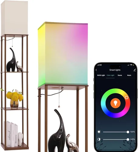 Vista 9 de Gupuzm Lámpara de pie con estantes, moderna lámpara de pie cuadrada con bombilla de 3 temperaturas de color, lámpara de estantería de exhibición