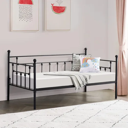 Vista 19 de VECELO Base de cama de tamaño individual con cabecero y estribo de madera, base de colchón con listones de metal fuertes y soporte antideslizante