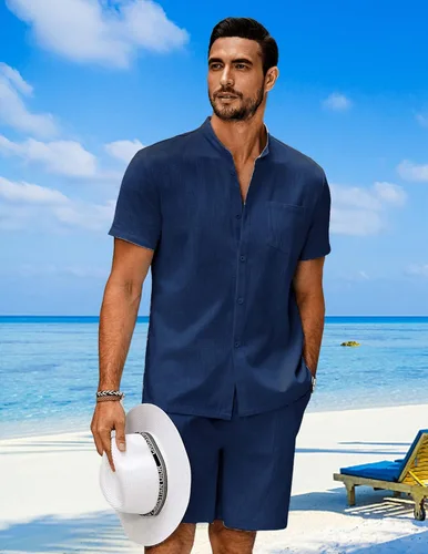 Vista 3 de Ekouaer Men's Linen Set Pajamas Set Button Down Short Sleeve Casual 2 Piece Beach Shorts and Shirt Loungewear Sets