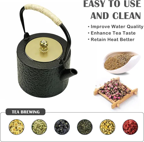 Vista 8 de Tetera de hierro fundido de 40.6 onzas para estufa, tetsubina negra japonesa con esmalte, tetera con infusor de acero inoxidable para té suelto