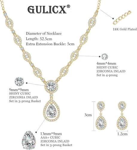Vista 2 de GULICX - Conjunto de collar y aretes con circonita cúbica AAA con base chapada en plata para mujer, ideal para fiestas